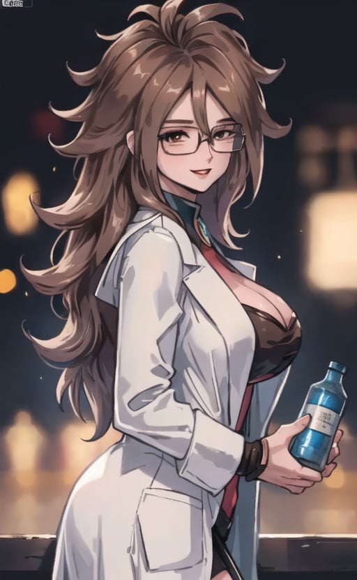 (masterpiece), (extremely intricate:1.3), (realistic), (portrait of Android 21 from dragon ball), (brown hair:1.4), the most beautiful in the world, (she is wearing a sexy doctor attire:1.2), metal reflections, (big boobs), (view from right side), she is on a lab, intense sunlight, she is holding a matrix bottle:1.3, professional photograph of a stunning woman detailed, sharp focus, dramatic, award winning, cinematic lighting, octane render  unreal engine,  volumetrics dtx, (film grain, blurry background, blurry foreground, depth of field, motion blur:1.3), she is smiling looking at viewer