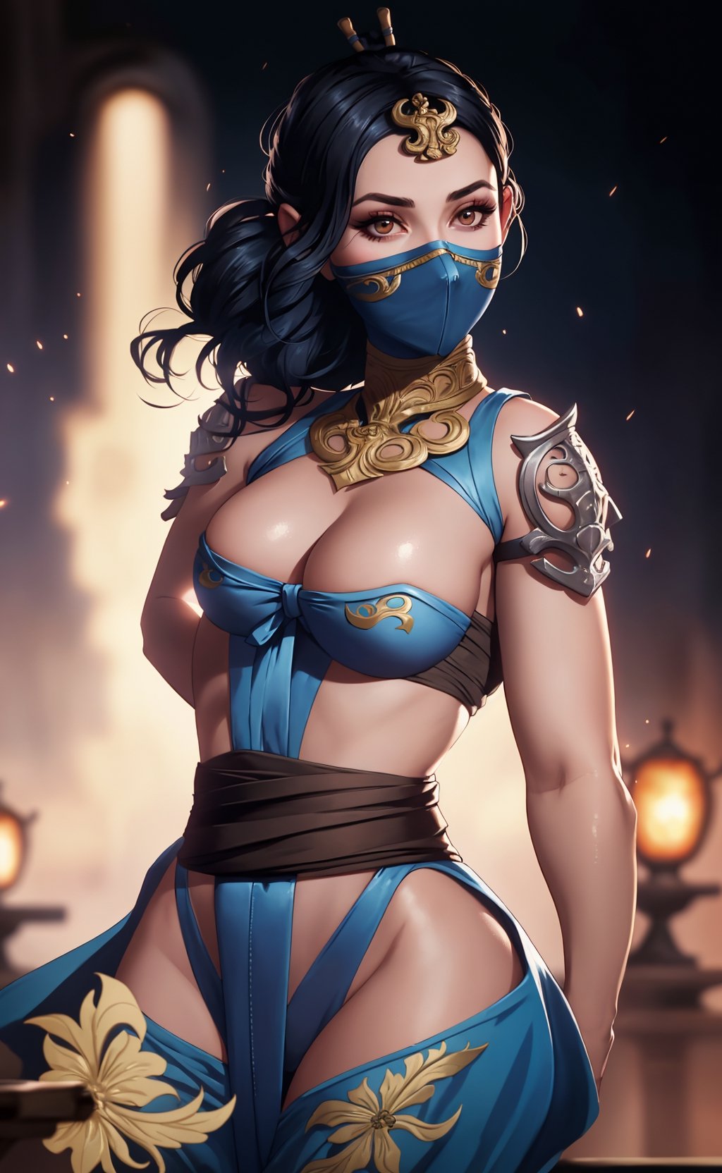 (masterpiece),  (extremely intricate:1.3),  (realistic),  (portrait of Kitana), the most beautiful in the world, facemask, large hair:1.2, big boobs, innerboob, she is wearing her blue attire:1.3, holding knives:1.3, view from side:1.2, metal reflections, she is on a fight arena, (thick hips), intense moonlight, professional photograph of a stunning woman detailed, sharp focus,  dramatic, award winning, cinematic lighting,  octane render, unreal engine,  volumetrics dtx,  (film grain,  blurry background,  blurry foreground,  depth of field,  motion blur:1.3),  she is sexy smiling looking at viewer,kitana