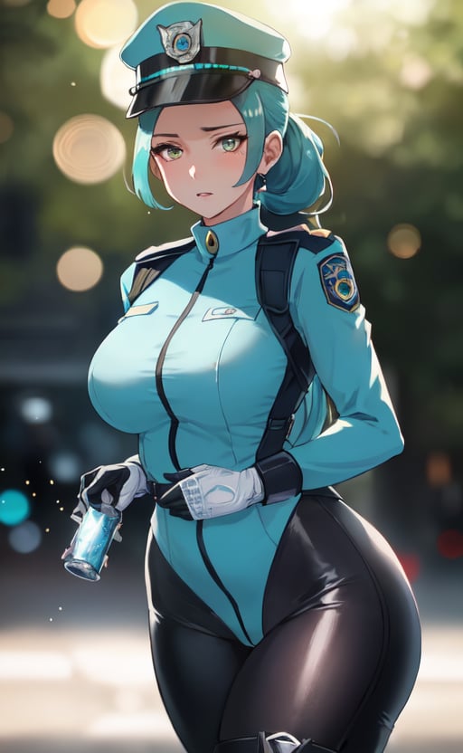 (masterpiece), (extremely intricate:1.3), (realistic), (portrait of officer Jenny from pokemon), (amber eyes), (long hair:1.4), (turquoise) hair, long ponytail hairstyle with side bangs:1.7, the most beautiful in the world, (she is wearing a sexy police uniform with hat), metal reflections, (hourglass body figure), she is on a street riding her motorcycle, intense sunlight, professional photograph of a stunning woman detailed, sharp focus, dramatic, award winning, cinematic lighting, octane render  unreal engine,  volumetrics dtx, (film grain, blurry background, blurry foreground, bokeh, depth of field, motion blur:1.3), chainmail, her pleasure expression is looking to the viewer 