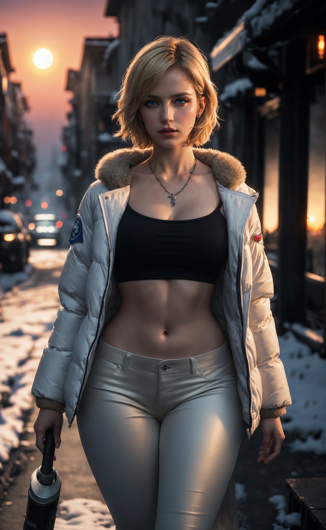 (masterpiece), (extremely intricate:1.3), (realistic), (portrait of Sherry Birkin from Resident Evil), (blond hair), (blue eyes), (shorter cut hairstyle), the most beautiful in the world, (she is wearing an off-white winter jacket with furred hood and black pants), metal reflections, (hourglass body figure), (thick hips), she is on a street, intense moonlight, professional photograph of a stunning woman detailed, sharp focus, dramatic, award winning, cinematic lighting, octane render  unreal engine,  volumetrics dtx, (film grain, blurry background, blurry foreground, bokeh, depth of field, sunset, motion blur:1.3), chainmail