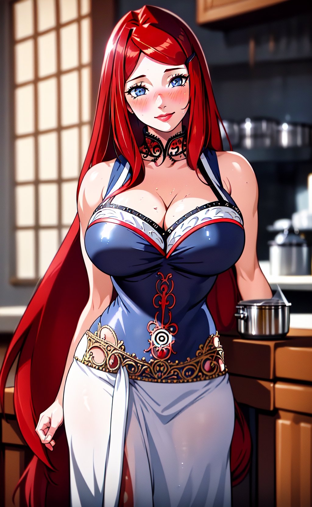 (masterpiece), sfw:1.15, (extremely intricate:1.3), (realistic), (portrait of Kushina Uzumaki), blushing:1.2, (shining red large hair:1.3), huge breasts:1.4, thick hips:1.5,  thin waist:1.3, athletic belly:1.4, makeup:1.2, red lipstick:1.2, beauty blue eyes:1.3, the most beautiful in the world, (perfect hands:1.25), perfect fingers:1.1, intense moonlight:1.1, sexy maid costume:1.4, kitchen background, professional photograph of a stunning woman detailed, sharp focus, dramatic, award winning, cinematic lighting, octane render, unreal engine,  volumetrics dtx, (film grain,  depth of field, blurry background:1.2), she is sexy smiling looking at viewer:1.2, High detailed,hourglass body shape,uzumaki_kushina,tattoo_HakkeNoFuuinShiki