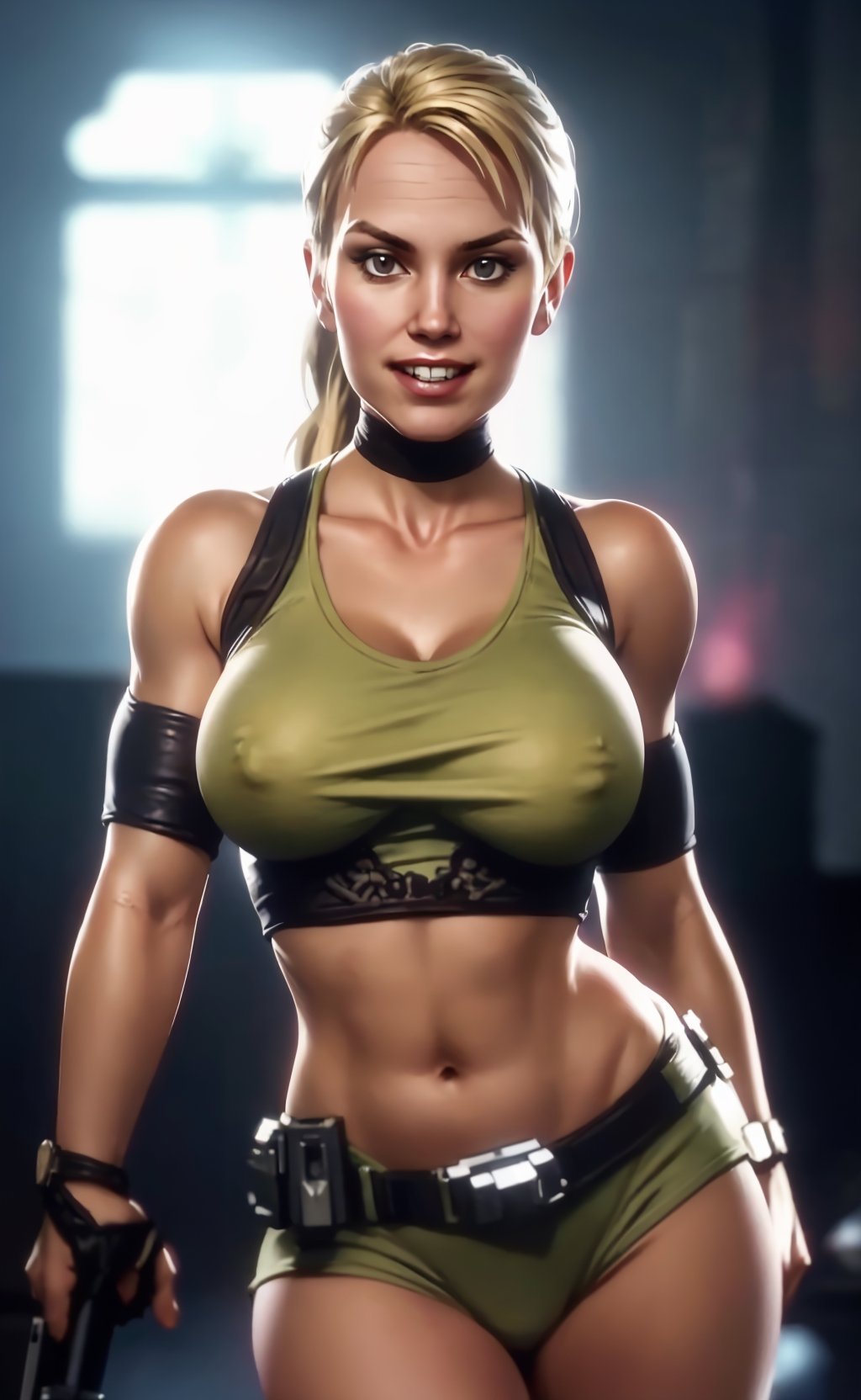 (masterpiece),  (extremely intricate:1.3),  (realistic),  (portrait of Sonya blade), the most beautiful in the world, facemask, blonde hair:1.2, medium boobs, innerboob, she is wearing her attire:1.3, holding guns:1.3, metal reflections, she is on a fight arena, (thick hips), intense sunlight, professional photograph of a stunning woman detailed, sharp focus,  dramatic, award winning, cinematic lighting,  octane render, unreal engine,  volumetrics dtx,  (film grain,  blurry background,  blurry foreground,  depth of field,  motion blur:1.3),  she is sexy smiling looking at viewer,sonyablade