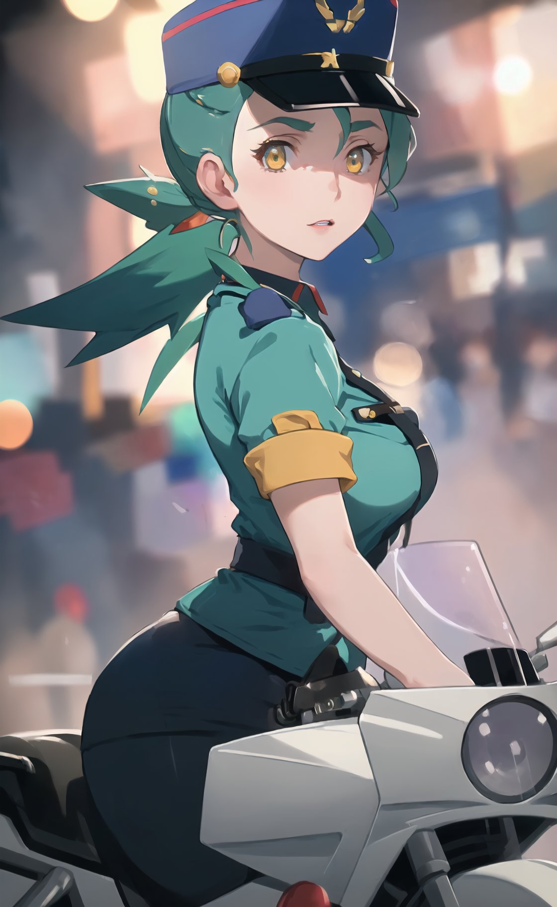 (masterpiece), (extremely intricate:1.3), (realistic), (portrait of officer Jenny from pokemon:1.4), (amber eyes:1.5), (long hair:1.4), (turquoise hair:1.4), (long ponytail hairstyle with side bangs:1.7), the most beautiful in the world, (she is wearing a dark blue police uniform with hat:1.5), metal reflections, (hourglass body figure), ((she is on a street riding her motorcycle:1.3)), intense sunlight, professional photograph of a stunning woman detailed, sharp focus, dramatic, award winning, cinematic lighting, octane render  unreal engine,  volumetrics dtx, (film grain, blurry background, blurry foreground, bokeh, depth of field, motion blur:1.3), chainmail, her pleasure expression is looking to the viewer ,officer jenny