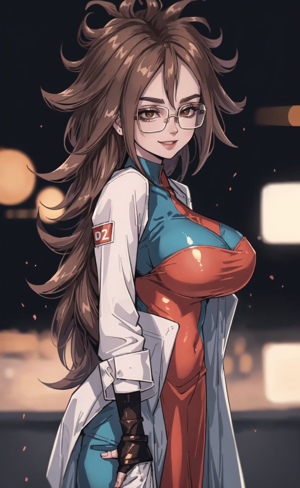 (masterpiece), (extremely intricate:1.3), (realistic), (portrait of Android 21 from dragon ball), (brown hair:1.4), glasses, the most beautiful in the world, (she is wearing a sexy doctor attire:1.2), metal reflections, (big boobs), (view from right side), (overboob), she is on a lab, intense sunlight, professional photograph of a stunning woman detailed, sharp focus, dramatic, award winning, cinematic lighting, octane render  unreal engine,  volumetrics dtx, (film grain, blurry background, blurry foreground, depth of field, motion blur:1.3), she is smiling looking at viewer,defa21, checkered dress