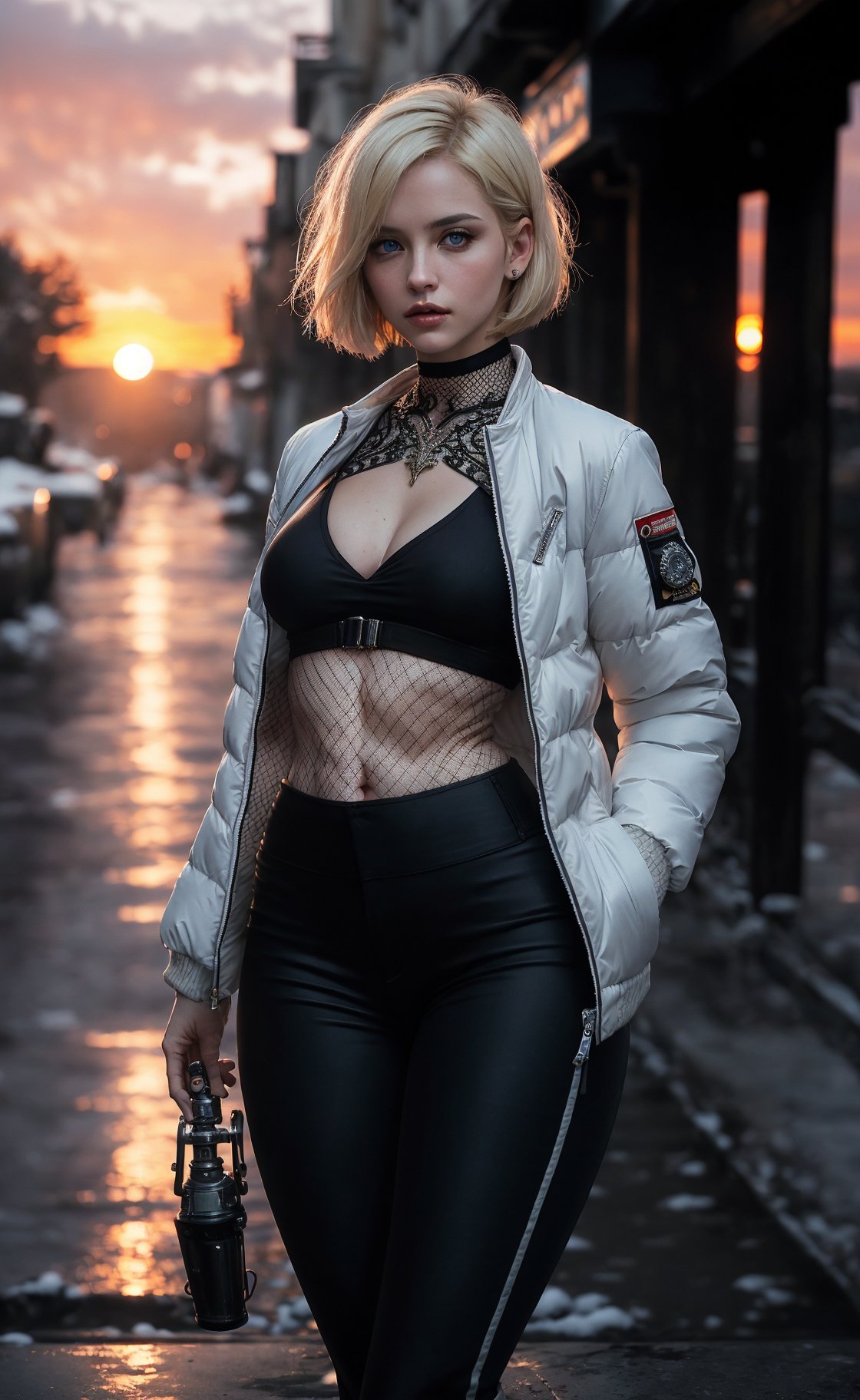 (masterpiece), (extremely intricate:1.3), (realistic), (portrait of Sherry Birkin from Resident Evil), (blond hair), (blue eyes), (asymmetrical bob shorter cut hairstyle:1.3), the most beautiful in the world, (off-white winter jacket), (fishnet top:1.2), (black pants:1.3), metal reflections, (hourglass body figure), (thick hips), she is on a street, intense moonlight, (view from left side), professional photograph of a stunning woman detailed, sharp focus, dramatic, award winning, cinematic lighting, octane render  unreal engine,  volumetrics dtx, (film grain, blurry background, blurry foreground, bokeh, depth of field, sunset, motion blur:1.3), chainmail