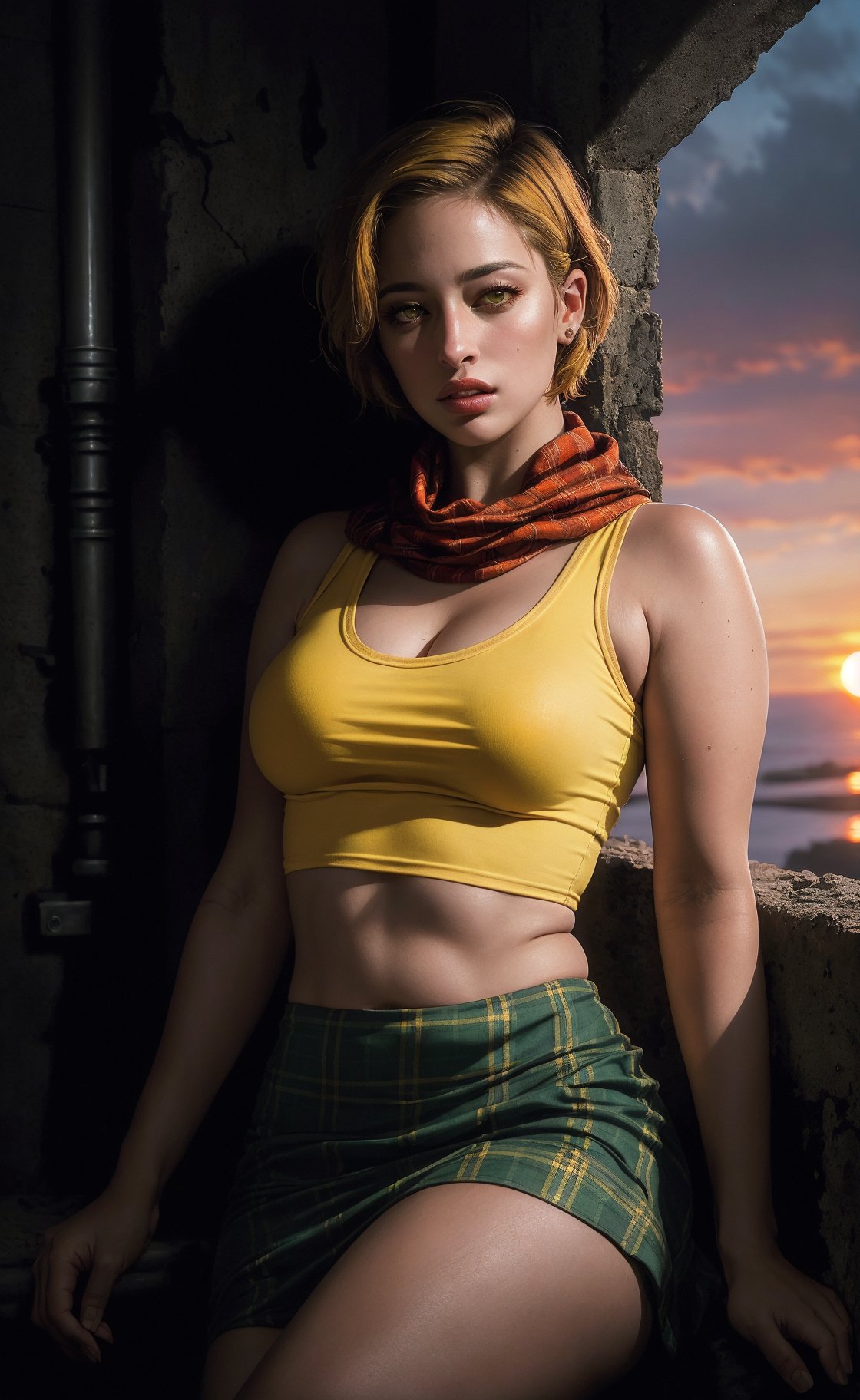 (masterpiece), (extremely intricate:1.3), (realistic), (portrait of Ashley Graham from Resident Evil), (yellow short hair:1.4), (amber eyes), the most beautiful in the world, (she is wearing a tight orange sleeveless top, red scarf and green plaid skirt), metal reflections, (hourglass body figure), she is on a dungeon, (she is resting against a wall), intense sunlight, professional photograph of a stunning woman detailed, sharp focus, dramatic, award winning, cinematic lighting, octane render  unreal engine,  volumetrics dtx, (film grain, blurry background, blurry foreground, bokeh, depth of field, sunset, motion blur:1.3), chainmail