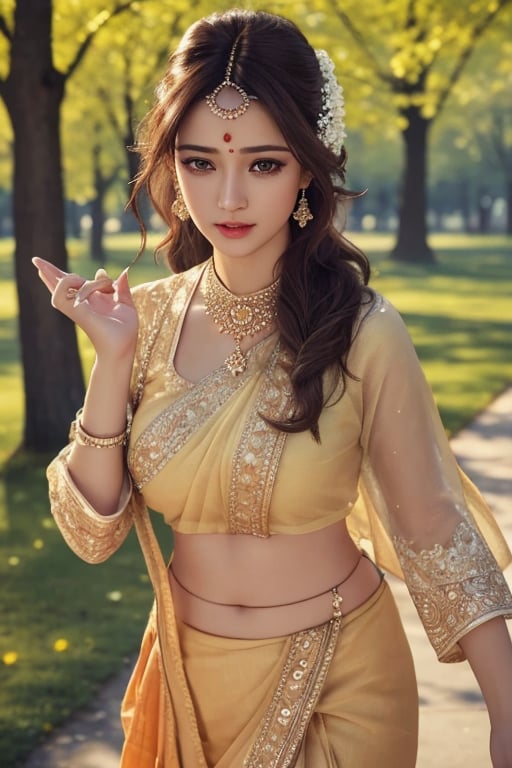 Hindu, Best quality, masterpiece, ultra high res, (photorealistic:1.37), raw photo, detailed eyes and face, perfect anatomy. perfect fingers. dynamic lighting, outdoors, walk in the park 