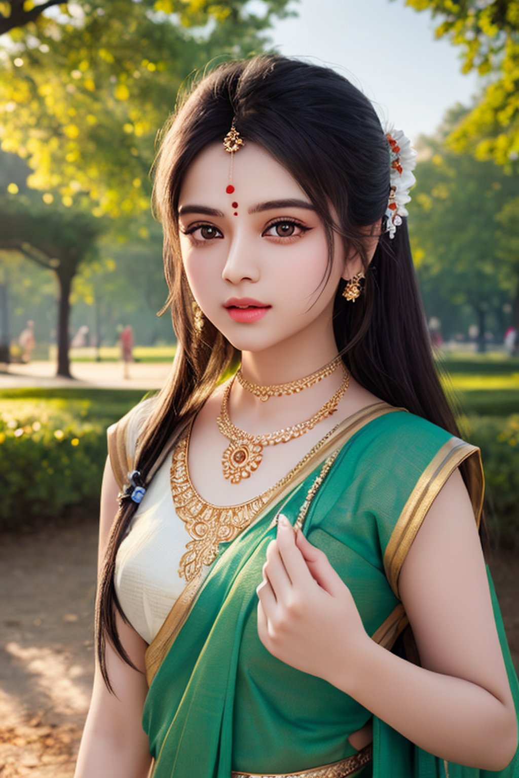 Hindu, Best quality, Masterpiece, Raw photo, Detailed eyes and face, Perfect anatomy, Perfect fingers, Dynamic lighting, Outdoors, Walk in the park 