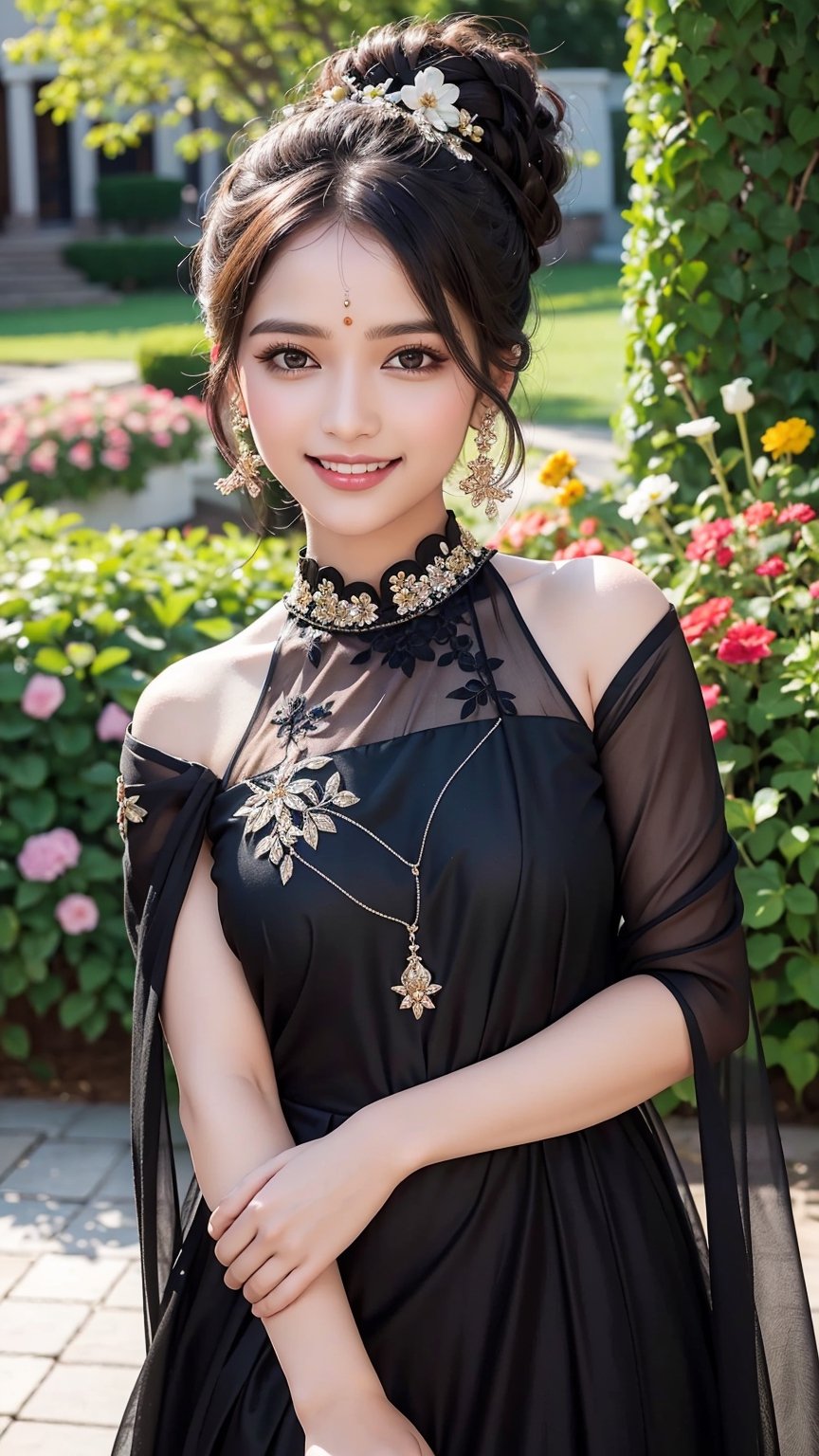 In a flower garden, In black color dress,
Beautiful dress,
Tamil, Hindu, Traditional, Smile, 
Only one person, Outdoor, Detailed face, Perfect anatomy, Photorealistic