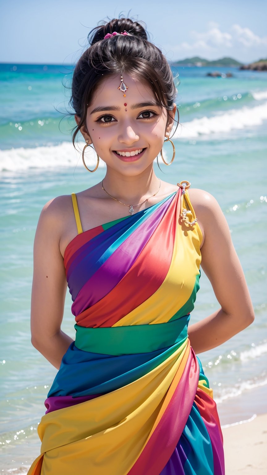 At a beach, In rainbow color dress,
Tamil, Hindu, Traditional, Smile, 
Outdoor, Detailed face, Perfect anatomy, Photorealistic,
1girl