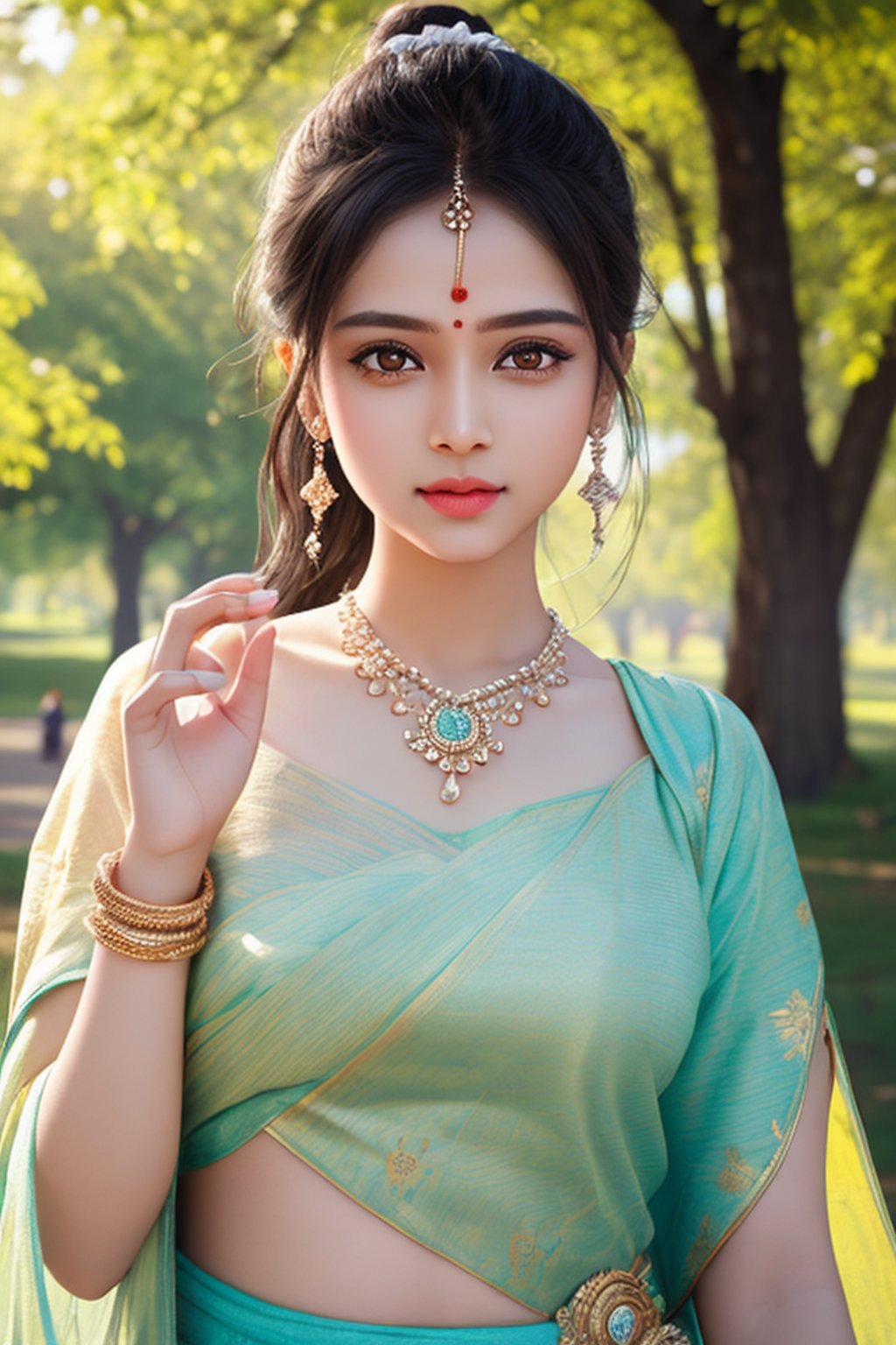 Hindu, Best quality, Masterpiece, Raw photo, Detailed eyes and face, Perfect anatomy, Perfect fingers, Dynamic lighting, Outdoors, Walk in the park 