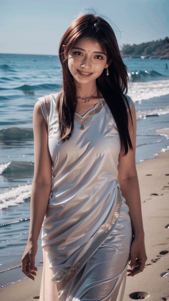 Tamil traditional, Bindi on forehead, Hindu attire, Stunning smile, Closed mouth, Outdoors, Perfect anatomy, Beautiful dress, Natural lighting, Neutral colors, Salwar kameez, At a beach, Pink color dress