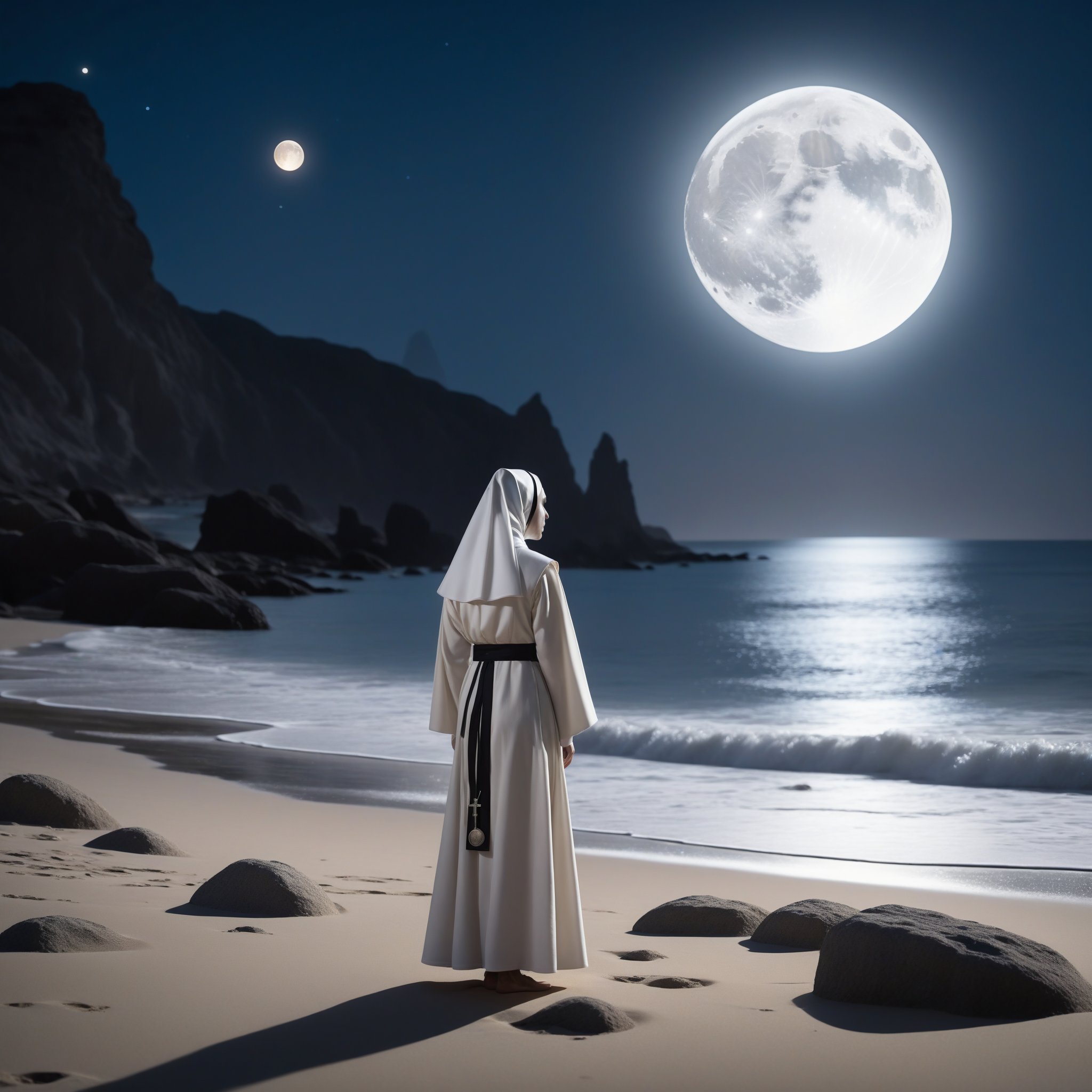 A serene nun in traditional attire, standing contemplatively on a tranquil nudist beach on the moon. The scene is framed with lunar rocks and a distant Earth rising, under a soft, diffused moonlight. The beach is sparsely populated with discreetly positioned nudists, blending harmoniously with the lunar landscape. The nun's pose is peaceful, with her hands clasped, facing the serene, otherworldly view. The composition emphasizes the contrast between the nun's conservative dress and the natural setting, with the moon's unique terrain adding a surreal touch.