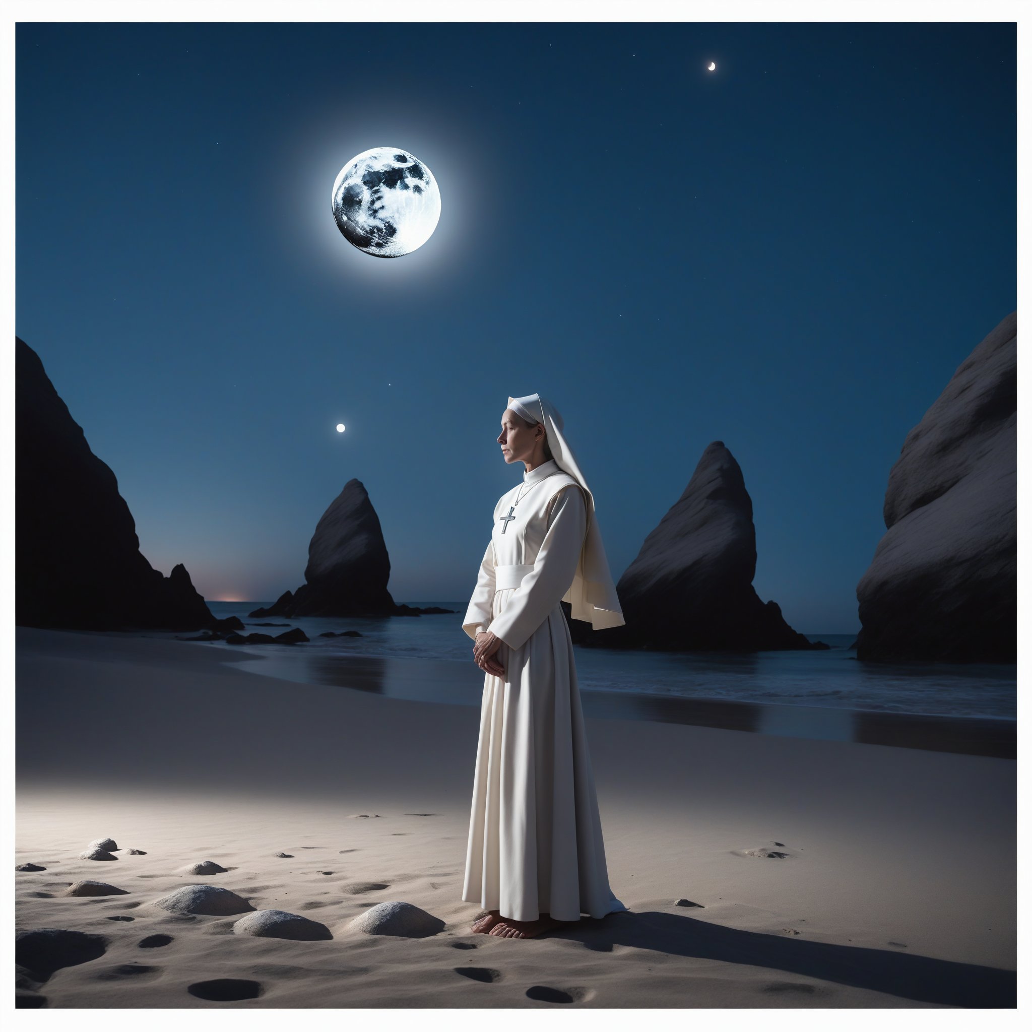 A serene nun in traditional attire, standing contemplatively on a tranquil nudist beach on the moon. The scene is framed with lunar rocks and a distant Earth rising, under a soft, diffused moonlight. The beach is sparsely populated with discreetly positioned nudists, blending harmoniously with the lunar landscape. The nun's pose is peaceful, with her hands clasped, facing the serene, otherworldly view. The composition emphasizes the contrast between the nun's conservative dress and the natural setting, with the moon's unique terrain adding a surreal touch.