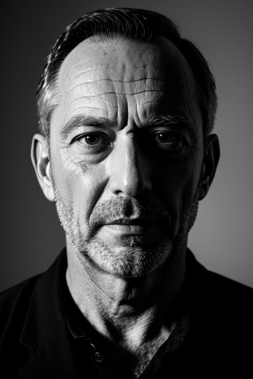 portrait of a middle aged man from the waist up. lightning on his left and darkness and shadows on the right stern look with partial squinting eyes black background half of his face in shadow 