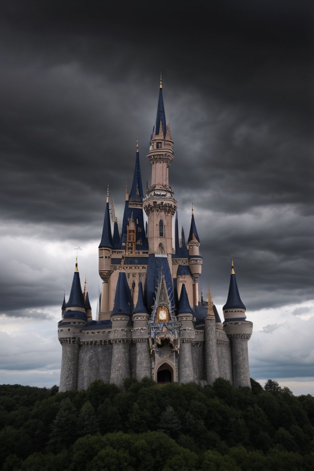 creepy old big castle made of square rock blocks mysterious dark sky with creepy clouds