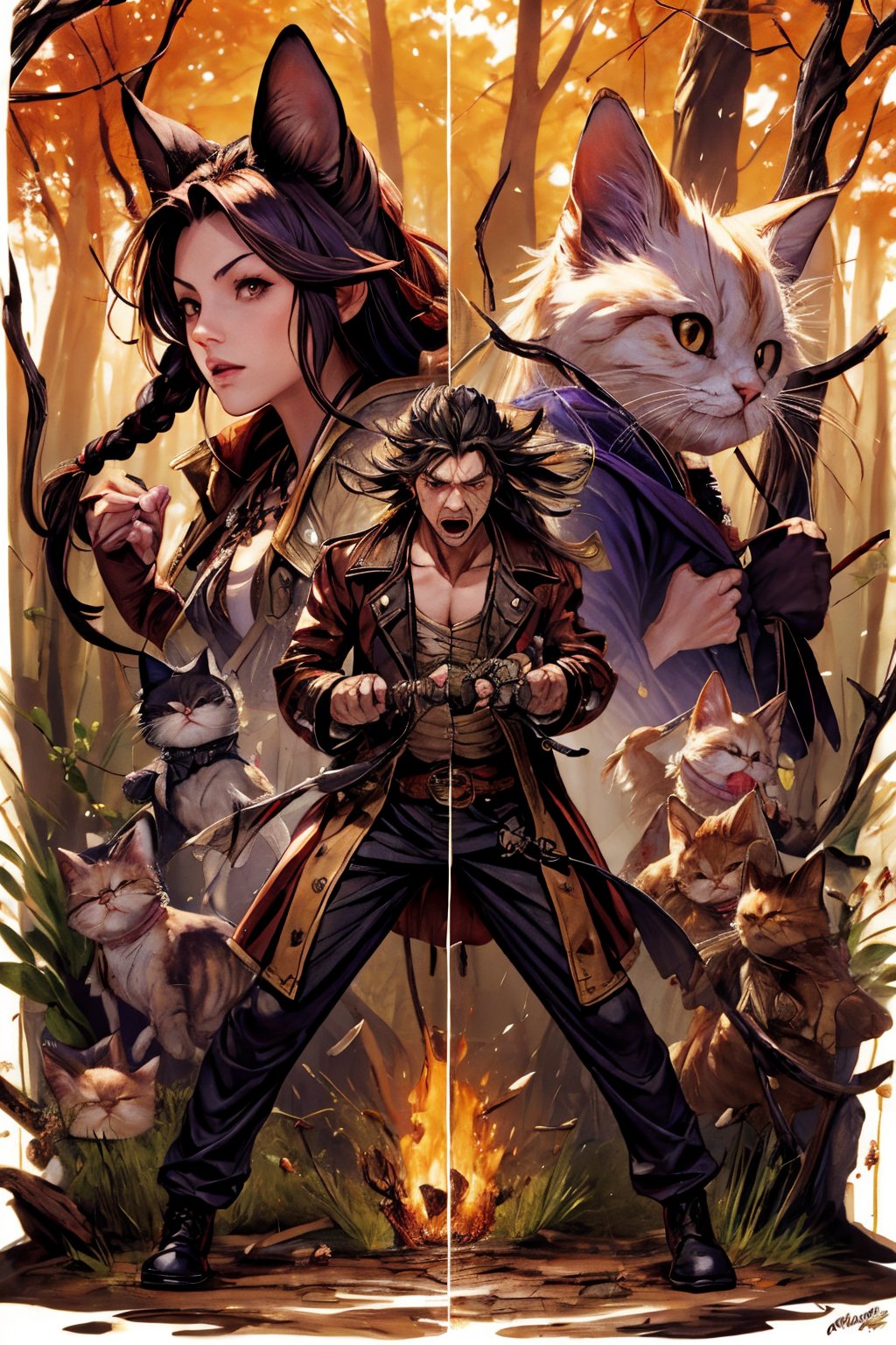 Hyper-detailed painting, Jean-Baptiste Monge style, a gang of cute ninja persian cat Anthropomorphic, steampunk ,, , studded leather jacket with intricate ornamentation orange and purple , pirate steampunk theme,, , highest quality,, very angry face, body fitness, full body, long hair with braids , in the forest,SMMars,Animal ear,vane /(granblue fantasy/),glass