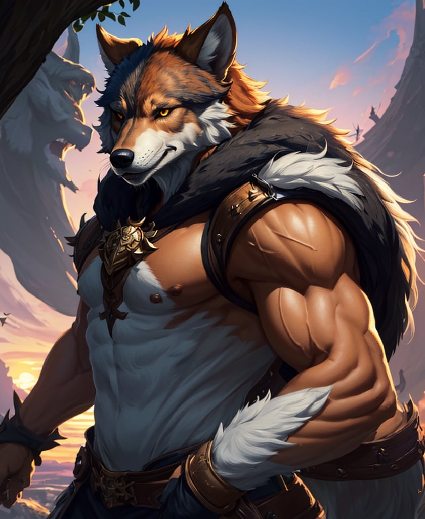 Nebur Belmont,Masterpiece, (Ultra Detailed), (Animal Anthropomorphism), pirate Theme, Wolf, Handsome, Trench Coat, on a plain by an oak tree, with a beautiful sunrise in the background, Highest Quality, Single Focus, (skimming: 1.1), Muscle Man, Full Body, Intricate (High Detail: 1.1) , 8k uhd, orange hair, y pintura facial azul,, , , ,, glowing power aura, dynamic pose, dynamic a close up of a man with a wolf on his chest, muscular werewolf, a minotaur wolf, berserker potrait, trendin on artstation, commission for high res, extremely detailed artgerm, anthro art, sylas, portrait of a gnoll, anthropomorphic wolf male, gnoll, furry fantasy art, full art view,SFBalrog,vane /(granblue fantasy/),sucrose \(genshin impact\)