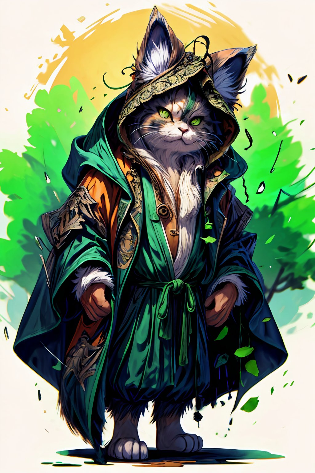 Hyper-detailed painting, Jean-Baptiste Monge style, persian cat Anthropomorphic, mage, ,, , (extremely intricate robes, magical robes orange and green  ),, ,, , highest quality,, very angry face, body fitness, full body, long hair with braids, at night in the forest with fireflies,