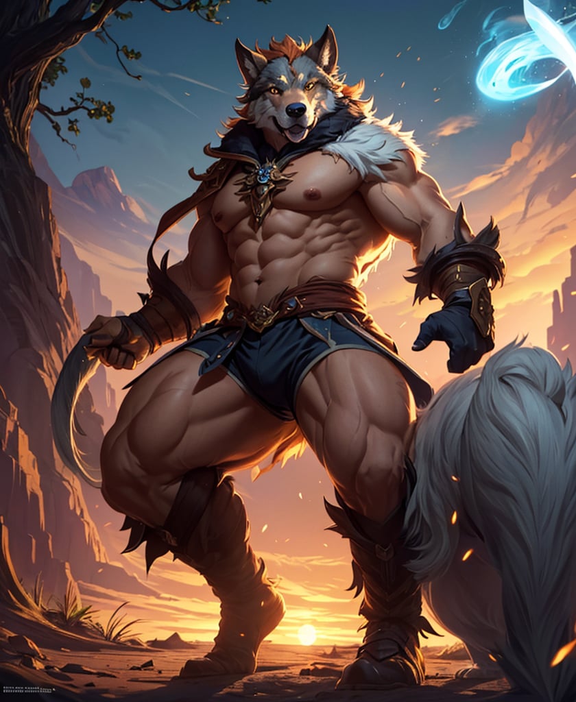 Nebur Belmont,Masterpiece, (Ultra Detailed), (Animal Anthropomorphism), pirate Theme, Wolf, Handsome, Trench Coat, on a plain by an oak tree, with a beautiful sunrise in the background, Highest Quality, Single Focus, (skimming: 1.1), Muscle Man, Full Body, Intricate (High Detail: 1.1) , 8k uhd, orange hair, y pintura facial azul,, , , ,, glowing power aura, dynamic pose, dynamic a close up of a man with a wolf on his chest, muscular werewolf, a minotaur wolf, berserker potrait, trendin on artstation, commission for high res, extremely detailed artgerm, anthro art, sylas, portrait of a gnoll, anthropomorphic wolf male, gnoll, furry fantasy art, full art view,SFBalrog,vane /(granblue fantasy/),sucrose \(genshin impact\)