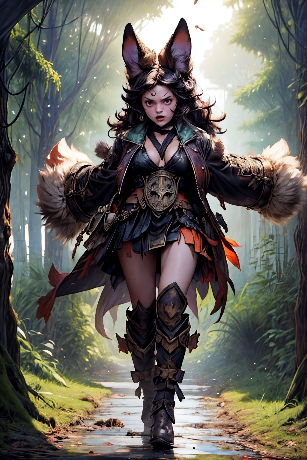 Hyper-detailed painting, Jean-Baptiste Monge style, a gang of cute ninja persian cat Anthropomorphic, steampunk ,, , studded leather jacket with intricate ornamentation orange and purple , pirate steampunk theme,, , highest quality,, very angry face, body fitness, full body, long hair with braids , in the forest,SMMars,Animal ear,vane /(granblue fantasy/)