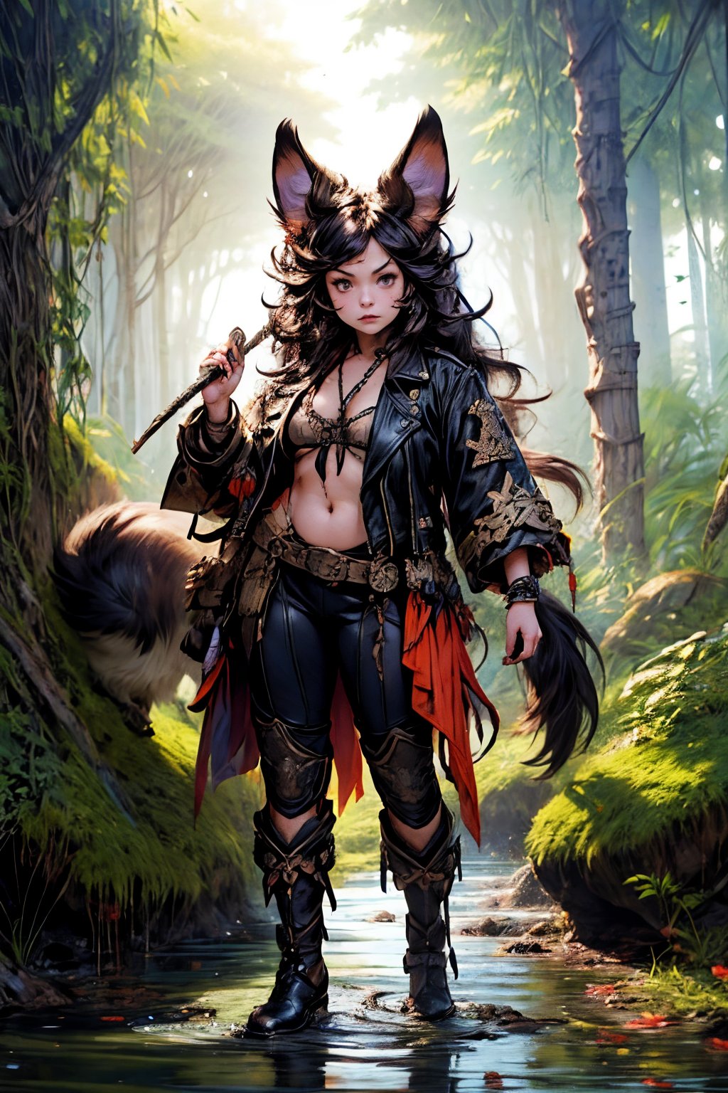 Hyper-detailed painting, Jean-Baptiste Monge style, a gang of cute ninja persian cat Anthropomorphic, steampunk ,, , studded leather jacket with intricate ornamentation orange and purple , pirate steampunk theme,, , highest quality,, very angry face, body fitness, full body, long hair with braids , in the forest,SMMars,Animal ear,vane /(granblue fantasy/)