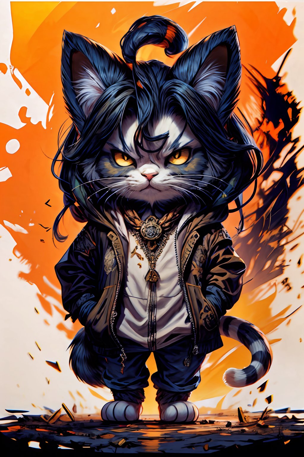 Hyper-detailed painting, Jean-Baptiste Monge style, persian cat Anthropomorphic, mage, ,, , with his dress with intricate ornamentation orange and black , ,, , highest quality,, very angry face, body fitness, full body, long hair with braids , at night in the cemetery with fireflies,cat