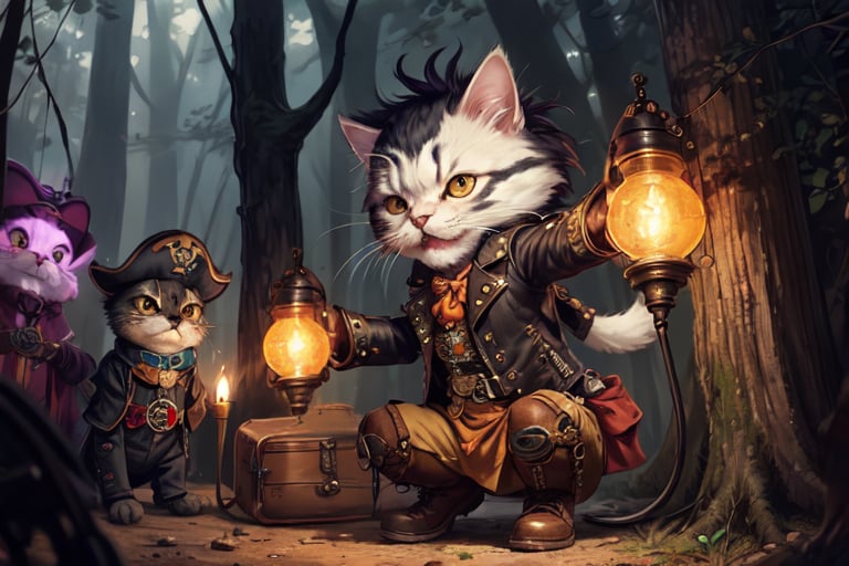 persian cat Anthropomorphic, steampunk ,, , studded leather jacket with intricate ornamentation orange and purple , pirate steampunk theme,, , highest quality,, very angry face, body fitness, full body, long hair with braids , in the forest