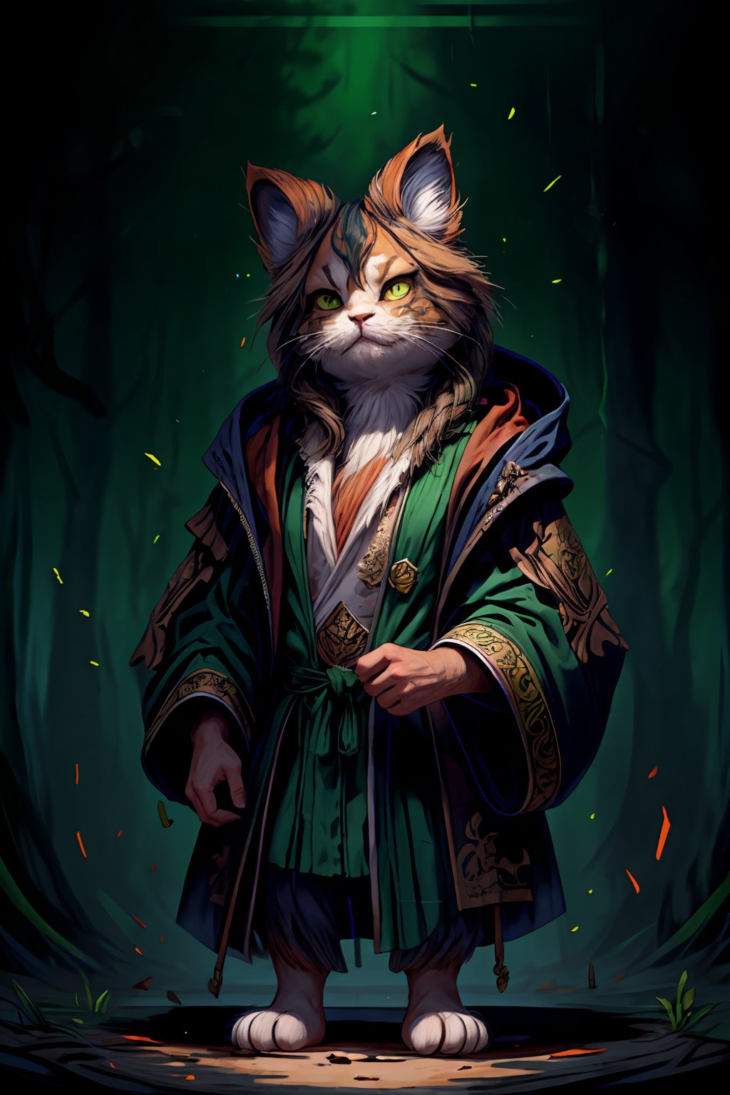 Hyper-detailed painting, Jean-Baptiste Monge style, persian cat Anthropomorphic, mage, ,, , (extremely intricate robes, magical robes orange and green  ),, ,, , highest quality,, very angry face, body fitness, full body, long hair with braids, at night in the forest with fireflies,