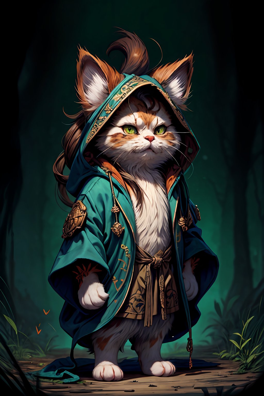 Hyper-detailed painting, Jean-Baptiste Monge style, persian cat Anthropomorphic, mage, ,, , (extremely intricate robes, magical robes orange and green  ),, ,, , highest quality,, very angry face, body fitness, full body, long hair with braids, at night in the forest with fireflies,