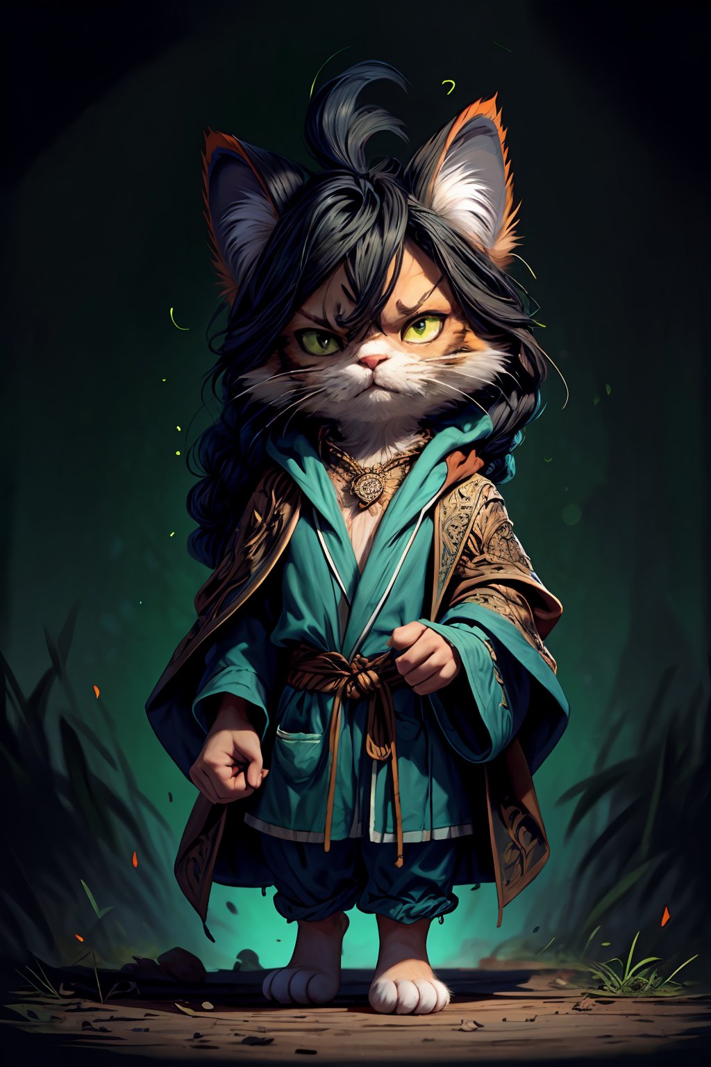Hyper-detailed painting, Jean-Baptiste Monge style, persian cat Anthropomorphic, mage, ,, , (extremely intricate robes, magical robes orange and green  ),, ,, , highest quality,, very angry face, body fitness, full body, long hair with braids, at night in the forest with fireflies,