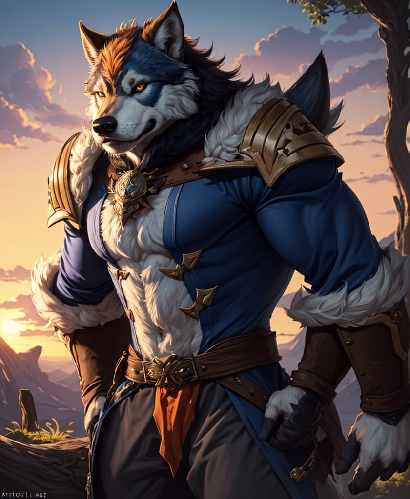 Nebur Belmont,Masterpiece, (Ultra Detailed), (Animal Anthropomorphism), pirate Theme, Wolf, Handsome, Trench Coat, on a plain by an oak tree, with a beautiful sunrise in the background, Highest Quality, Single Focus, (skimming: 1.1), Muscle Man, Full Body, Intricate (High Detail: 1.1) , 8k uhd, orange hair, y pintura facial azul,, , , ,, glowing power aura, dynamic pose, dynamic a close up of a man with a wolf on his chest, muscular werewolf, a minotaur wolf, berserker potrait, trendin on artstation, commission for high res, extremely detailed artgerm, anthro art, sylas, portrait of a gnoll, anthropomorphic wolf male, gnoll, furry fantasy art, full art view,SFBalrog,vane /(granblue fantasy/),sucrose \(genshin impact\)