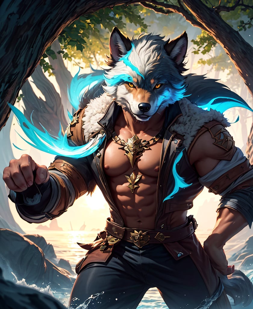 Nebur Belmont,Masterpiece, (Ultra Detailed), (Animal Anthropomorphism), pirate Theme, Wolf, Handsome, Trench Coat, on a plain by an oak tree, with a beautiful sunrise in the background, Highest Quality, Single Focus, (skimming: 1.1), Muscle Man, Full Body, Intricate (High Detail: 1.1) , 8k uhd, orange hair, y pintura facial azul,, , , ,, glowing power aura, dynamic pose, dynamic a close up of a man with a wolf on his chest, muscular werewolf, a minotaur wolf, berserker potrait, trendin on artstation, commission for high res, extremely detailed artgerm, anthro art, sylas, portrait of a gnoll, anthropomorphic wolf male, gnoll, furry fantasy art, full art view,SFBalrog,vane /(granblue fantasy/),sucrose \(genshin impact\)