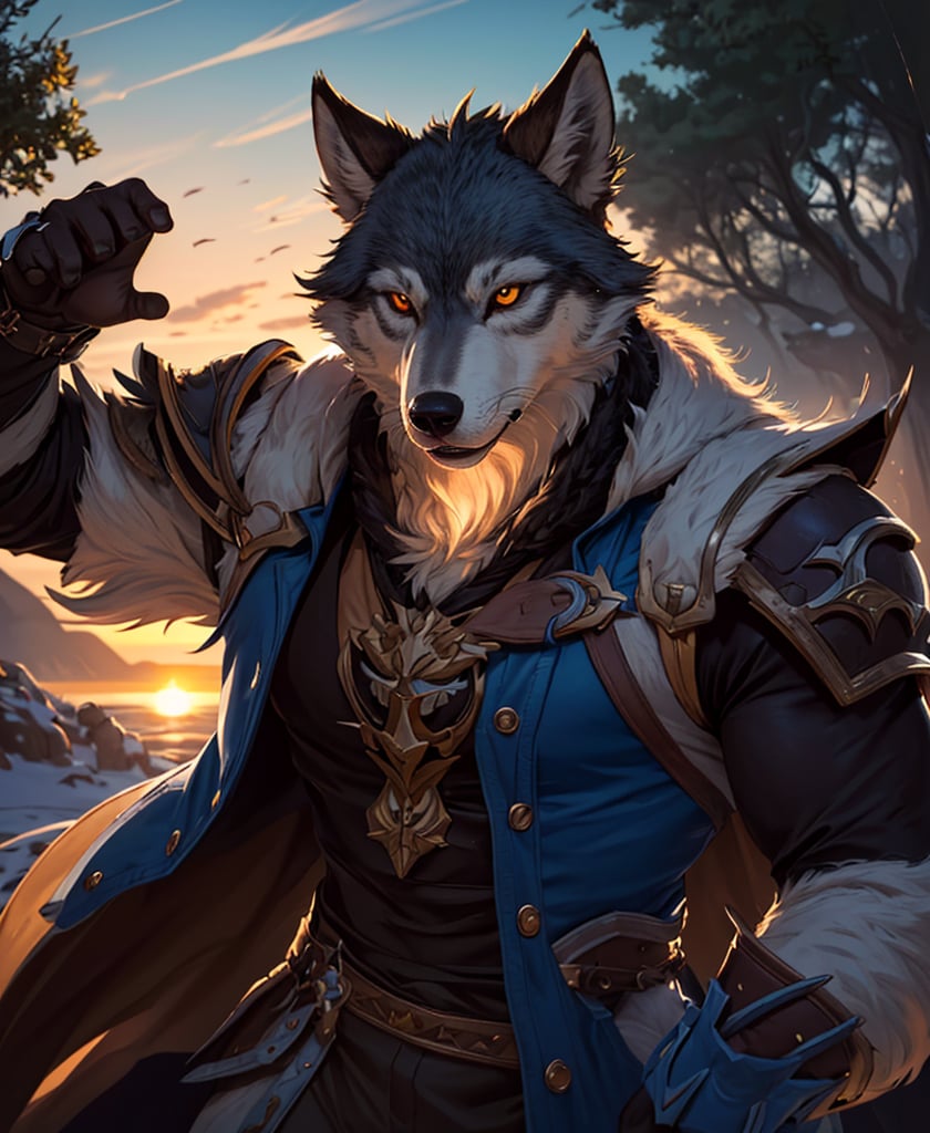 Nebur Belmont,Masterpiece, (Ultra Detailed), (Animal Anthropomorphism), pirate Theme, Wolf, Handsome, Trench Coat, on a plain by an oak tree, with a beautiful sunrise in the background, Highest Quality, Single Focus, (skimming: 1.1), Muscle Man, Full Body, Intricate (High Detail: 1.1) , 8k uhd, orange hair, y pintura facial azul,, , , ,, glowing power aura, dynamic pose, dynamic a close up of a man with a wolf on his chest, muscular werewolf, a minotaur wolf, berserker potrait, trendin on artstation, commission for high res, extremely detailed artgerm, anthro art, sylas, portrait of a gnoll, anthropomorphic wolf male, gnoll, furry fantasy art, full art view,SFBalrog,vane /(granblue fantasy/),sucrose \(genshin impact\)