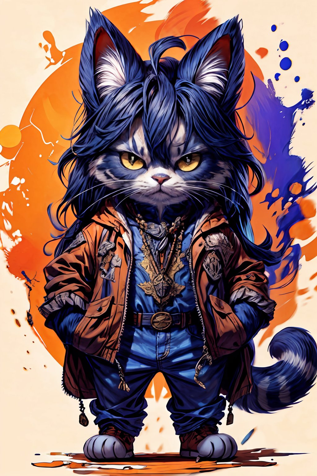 Hyper-detailed painting, Jean-Baptiste Monge style, persian cat Anthropomorphic, cowboy, ,, , with his dress with intricate ornamentation orange and purple , ,, , highest quality,, very angry face, body fitness, full body, long hair with braids , at night in the cemetery with fireflies,cat