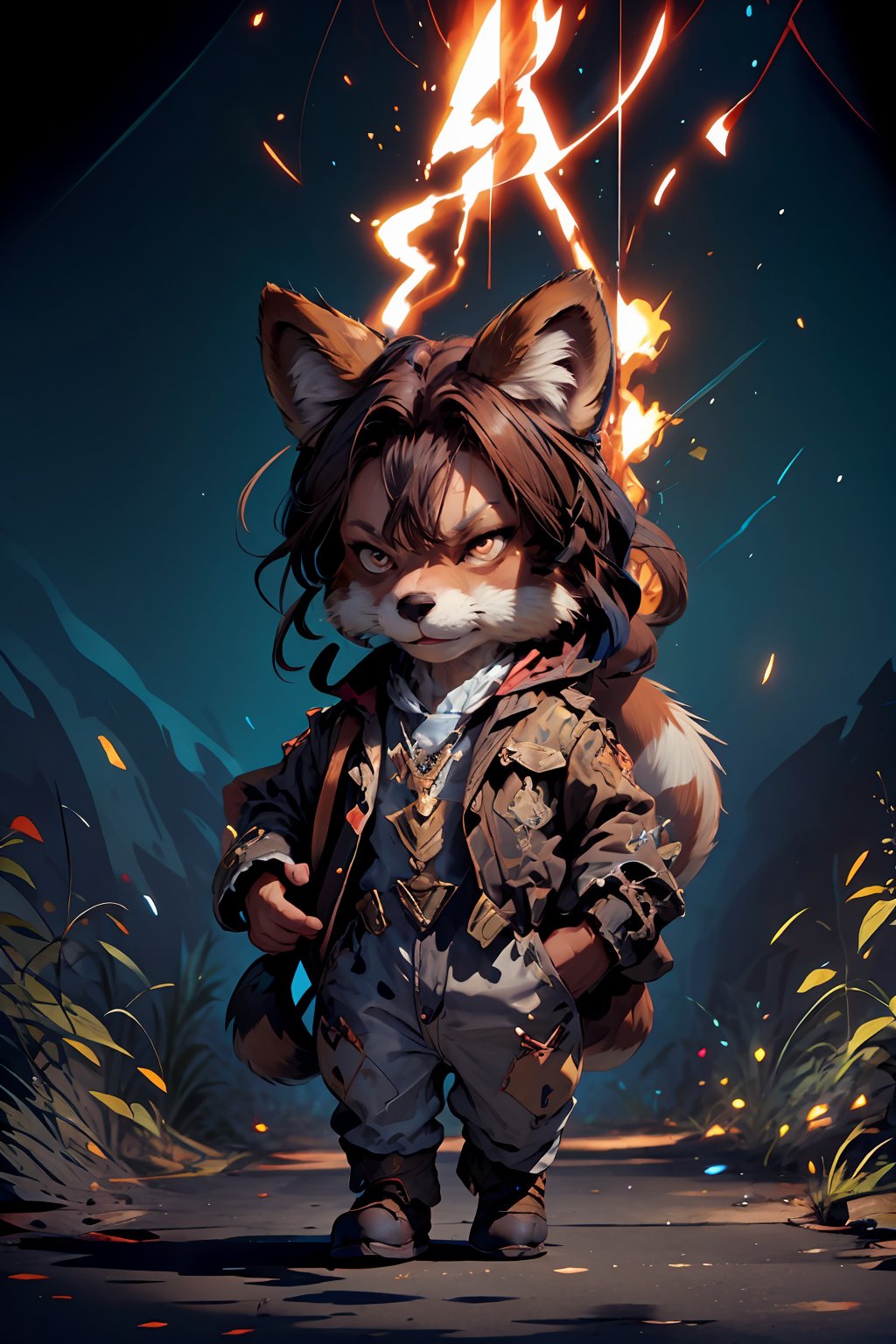 Hyperdetailed painting, Jean-Baptiste Monge style, anthropomorphic fox, with his dress with intricate ornamentation red and blue ,with a cowboy hat ,, , highest quality,, very angry face, greaves, (playing an electric guitar), high quality, body fitness, full body, long hair with braids, at night in the forest with fireflies
