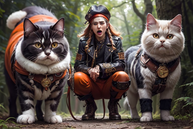 persian cat Anthropomorphic, steampunk ,, , studded leather jacket with intricate ornamentation orange and purple , pirate steampunk theme,, , highest quality,, very angry face, body fitness, full body, long hair with braids , in the forest