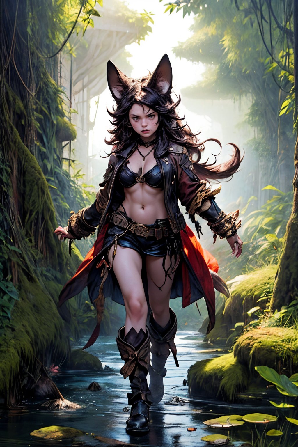 Hyper-detailed painting, Jean-Baptiste Monge style, a gang of cute ninja persian cat Anthropomorphic, steampunk ,, , studded leather jacket with intricate ornamentation orange and purple , pirate steampunk theme,, , highest quality,, very angry face, body fitness, full body, long hair with braids , in the forest,SMMars,Animal ear,vane /(granblue fantasy/)