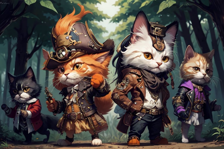 persian cat Anthropomorphic, steampunk ,, , studded leather jacket with intricate ornamentation orange and purple , pirate steampunk theme,, , highest quality,, very angry face, body fitness, full body, long hair with braids , in the forest