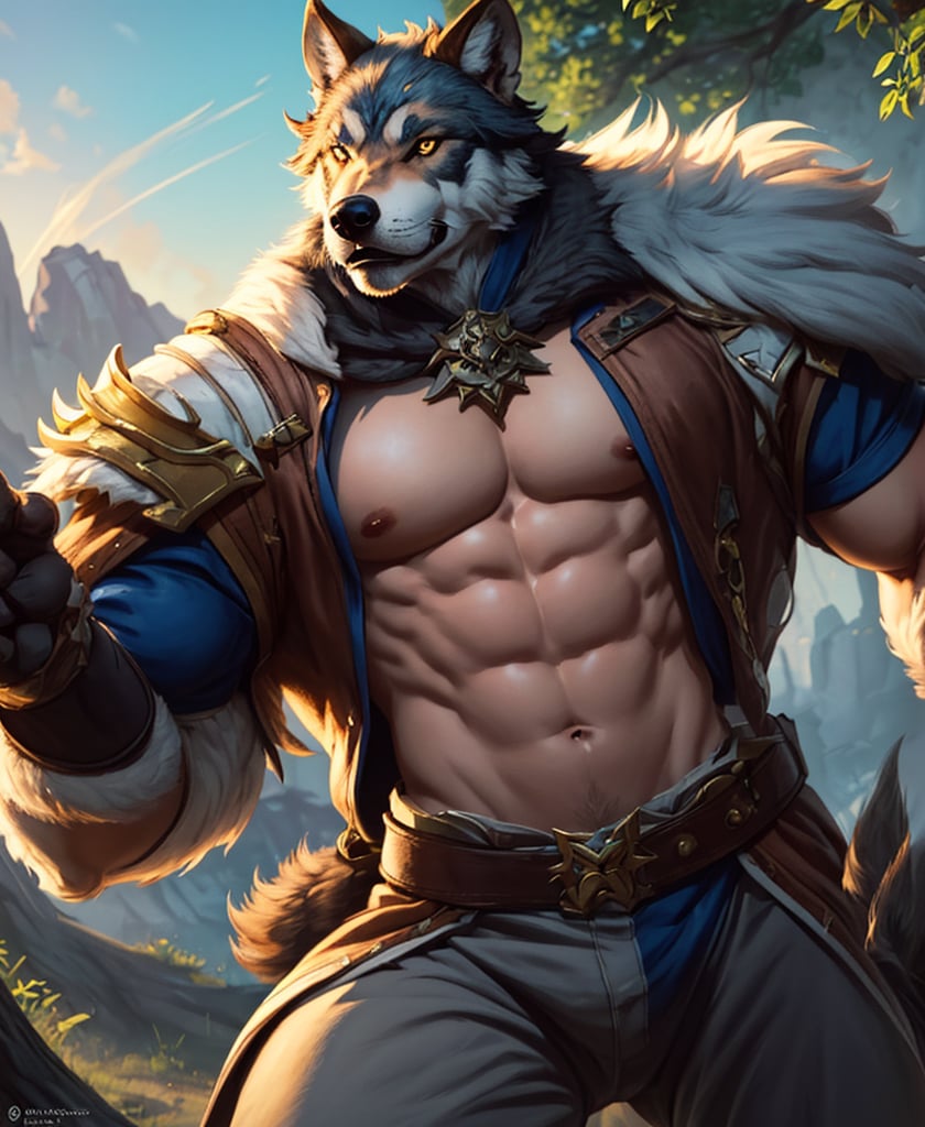 Nebur Belmont,Masterpiece, (Ultra Detailed), (Animal Anthropomorphism), pirate Theme, Wolf, Handsome, Trench Coat, on a plain by an oak tree, with a beautiful sunrise in the background, Highest Quality, Single Focus, (skimming: 1.1), Muscle Man, Full Body, Intricate (High Detail: 1.1) , 8k uhd, orange hair, y pintura facial azul,, , , ,, glowing power aura, dynamic pose, dynamic a close up of a man with a wolf on his chest, muscular werewolf, a minotaur wolf, berserker potrait, trendin on artstation, commission for high res, extremely detailed artgerm, anthro art, sylas, portrait of a gnoll, anthropomorphic wolf male, gnoll, furry fantasy art, full art view,SFBalrog,vane /(granblue fantasy/),sucrose \(genshin impact\)