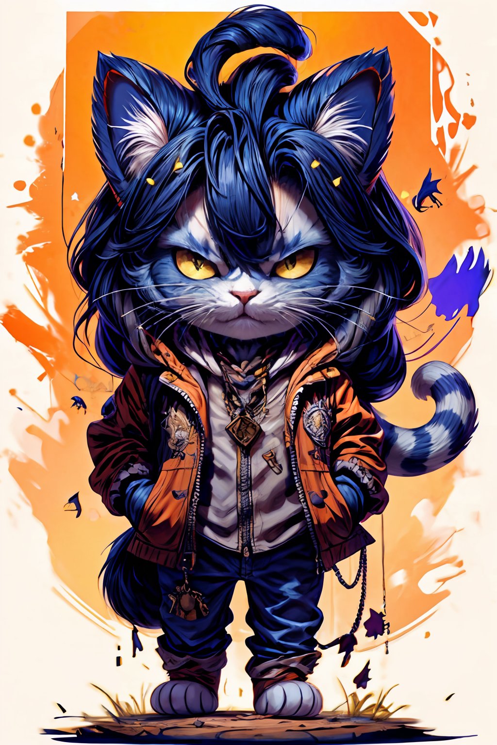 Hyper-detailed painting, Jean-Baptiste Monge style, persian cat Anthropomorphic, cowboy, ,, , with his dress with intricate ornamentation orange and purple , ,, , highest quality,, very angry face, body fitness, full body, long hair with braids , at night in the cemetery with fireflies,cat