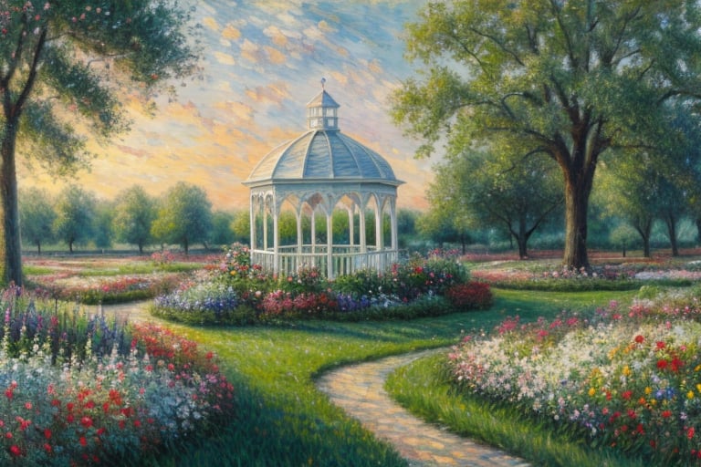 white gazebo surrounded by flower bushes, impressionism, painting, detailed_background, detailed paint strokes, ultra masterpiece mega high quality 8k, flower bushes, plain grass in foreground, oak trees, pastel-colored flowers, cloudy sky, dark and grey sky, dramatic lighting, depth in background.