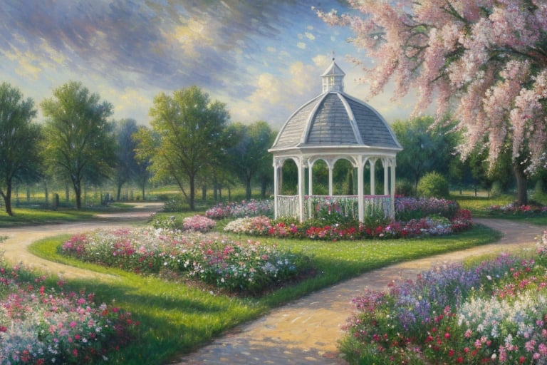 white gazebo surrounded by flowers, impressionism, painting, detailed_background, detailed paint strokes, ultra masterpiece mega high quality 8k, flower bushes, oak trees, pastel-colored flowers, cloudy sky, dark and grey sky, dramatic lighting, depth in background.