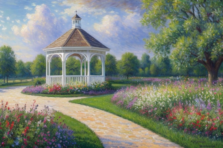 white gazebo surrounded by flower bushes, impressionism, painting, detailed_background, detailed paint strokes, ultra masterpiece mega high quality 8k, flower bushes, plain grass in foreground, oak trees, stone path, pastel-colored flowers, cloudy sky, dark and grey sky, dramatic lighting, depth in background.