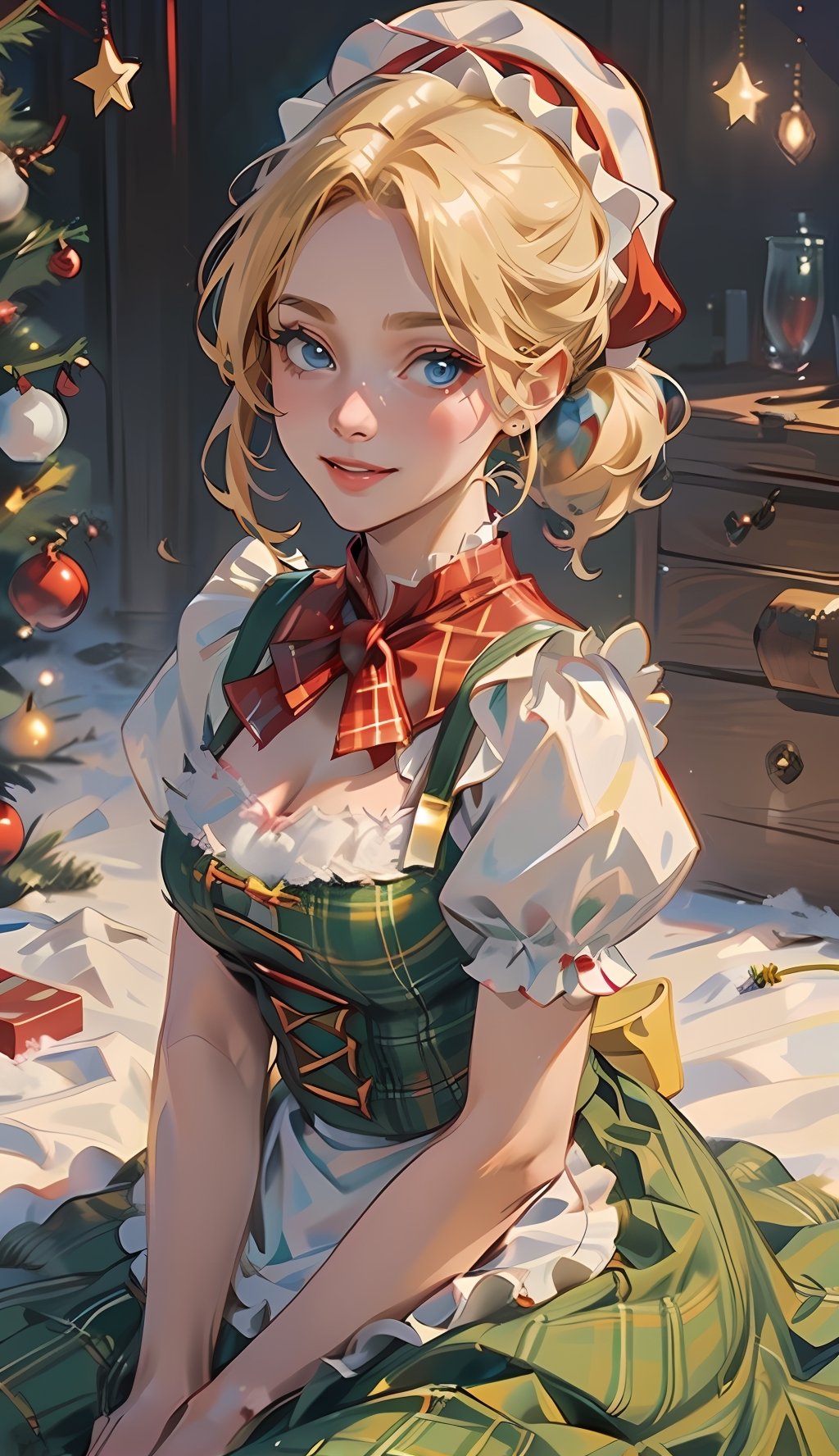 medium shot from waist up, ((1 girl, adorable, happy)), ((slim face)), ((maid, red and green plaid skirt, maid apron, dirndl, short sleeves, puffy sleeves)), ((santa hat)), (blonde hair, two ponytails, blue eyes, makeup), (large breasts, voloptuous), (sweet charm:1.3), falling snow, snowflakes, Christmas medieval village, surrounded by vibrant Christmas lights, sunlight from above to give heavenly feeling, scenery, soft, cozy, glitter.