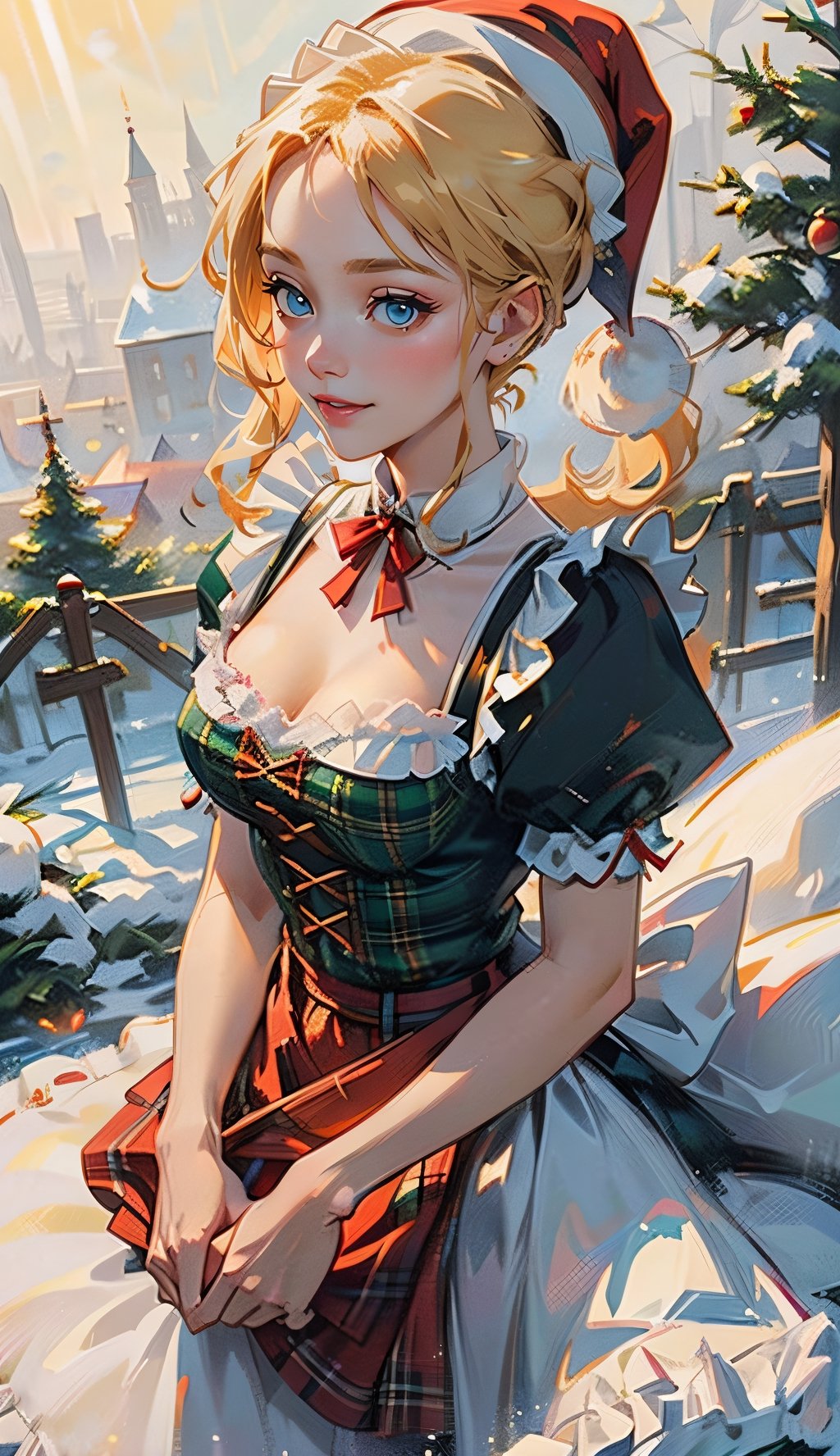 medium shot from waist up, ((1 girl, adorable, happy)), ((slim face)), ((maid, red and green plaid skirt, maid apron, dirndl, short sleeves, puffy sleeves)), ((santa hat)), (blonde hair, two ponytails, blue eyes, makeup), (large breasts, voloptuous), (sweet charm:1.3), falling snow, snowflakes, Christmas medieval village, sunlight from above to give heavenly feeling, scenery, soft, cozy, glitter.