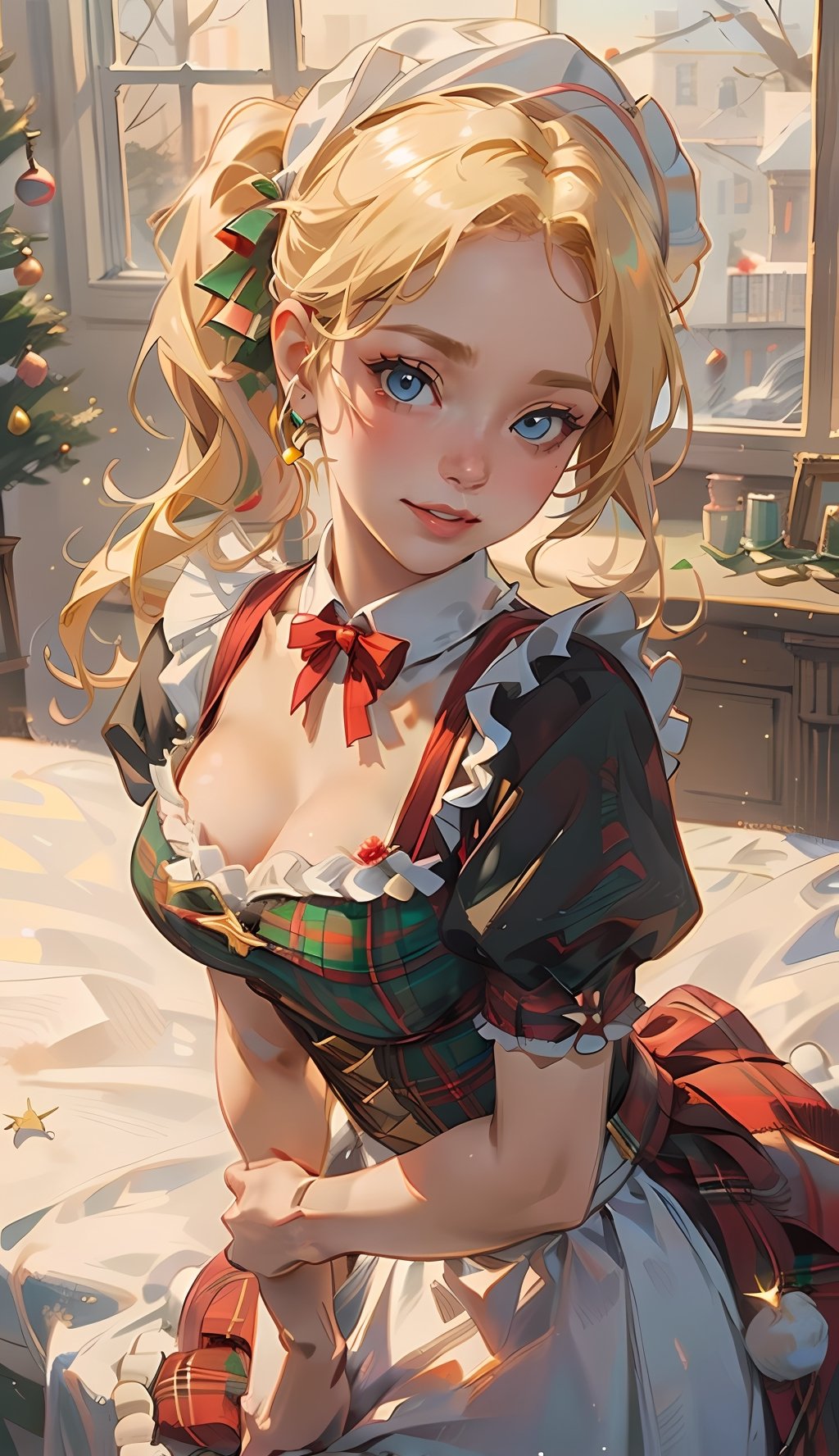 medium shot from waist up, ((1 girl, adorable, happy)), ((slim face)), ((maid, red and green plaid skirt, maid apron, dirndl, short sleeves, puffy sleeves)), ((santa hat)), (blonde hair, two ponytails, blue eyes, makeup), (large breasts, voloptuous), (sweet charm:1.3), falling snow, snowflakes, Christmas medieval village, surrounded by vibrant Christmas lights, sunlight from above to give heavenly feeling, scenery, soft, cozy, glitter.