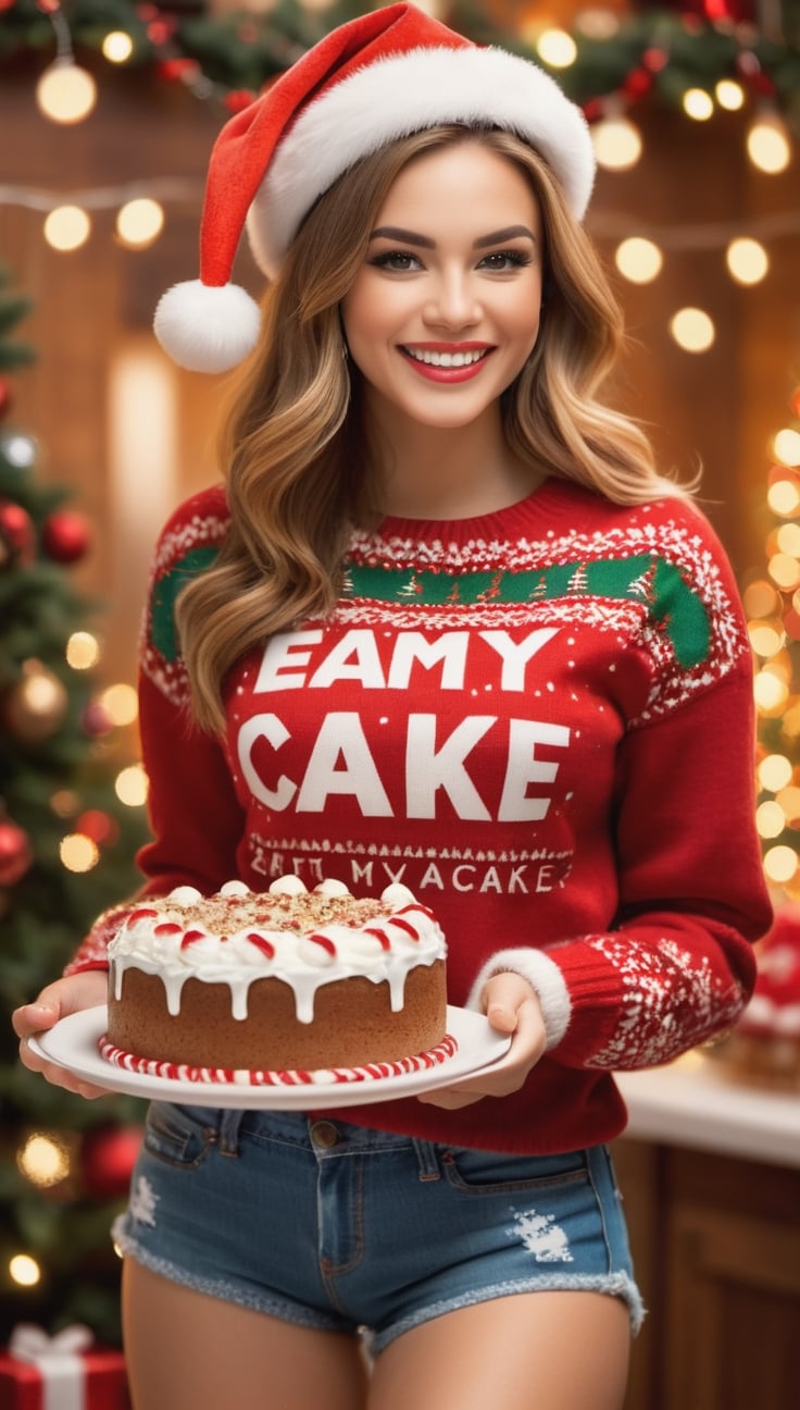 1 young college girl, (wearing Christmas sweater with the text "eat my cake"), (cowboy shot), (holding a Christmas cake), (wearing short jean shorts), Christmas theme, (modern kitchen background), Christmas lights, cheerful, joyful, warm comfortable winter atmosphere, astonishing.
