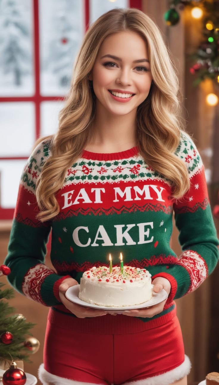 1 young college girl, (wearing Christmas sweater with the text "eat my cake"), (cowboy shot), (holding a Christmas cake), (wearing panties), christmas theme, cheerful, joyful, warm comfortable winter atmosphere, astonishing.