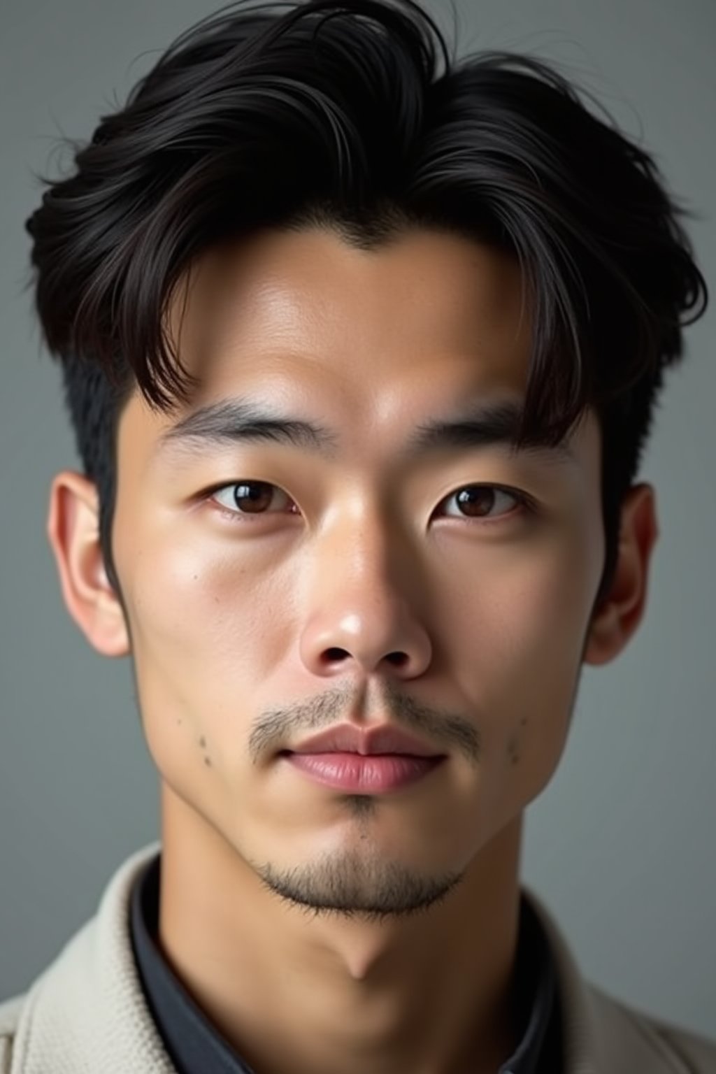 Close-up shot of a handsome Japanese male model, sharp jawline, expressive eyes, perfect skin texture, well-groomed hair, soft lighting to emphasize facial features, neutral gray background, highly detailed, photorealistic portrait, intense focus on facial structure,FuturEvoLabBeautify